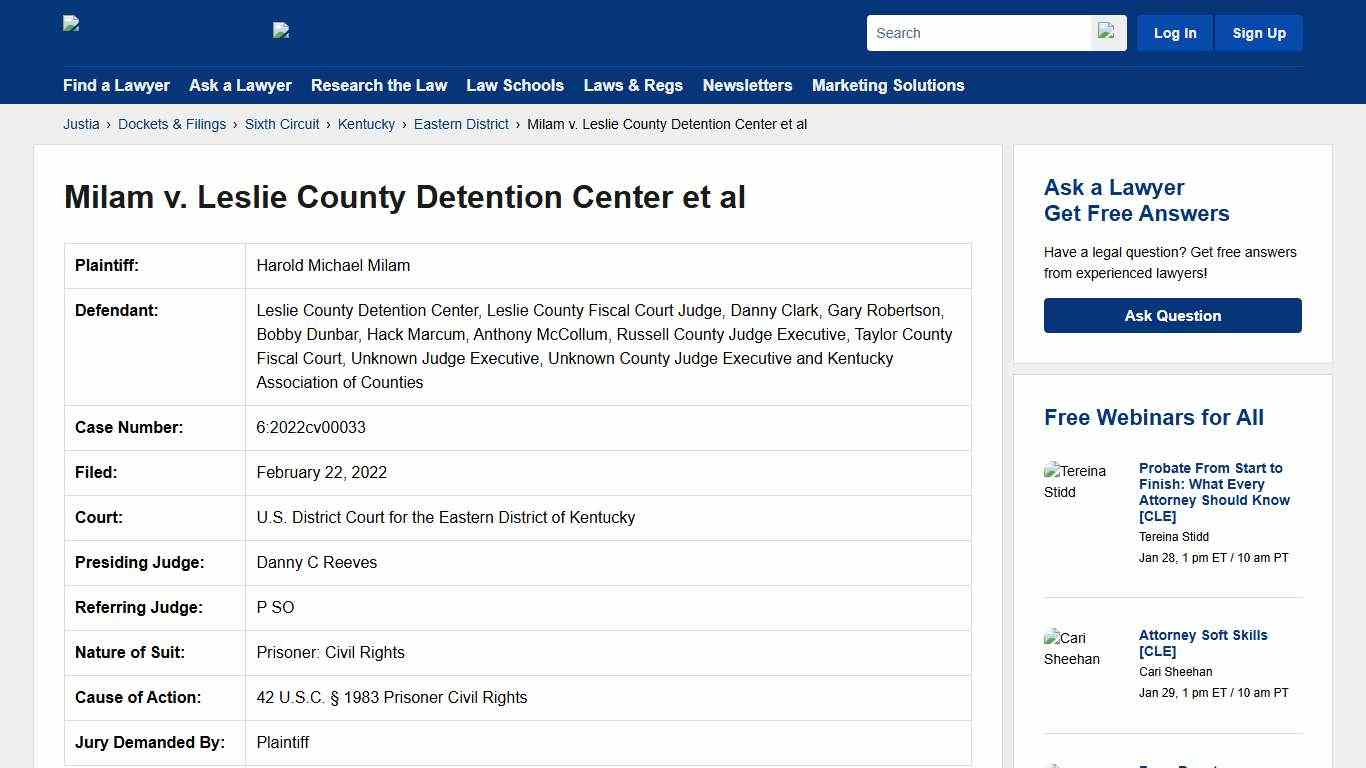 Milam v. Leslie County Detention Center et al 6:2022cv00033 U.S. District Court for the Eastern District of Kentucky Justia